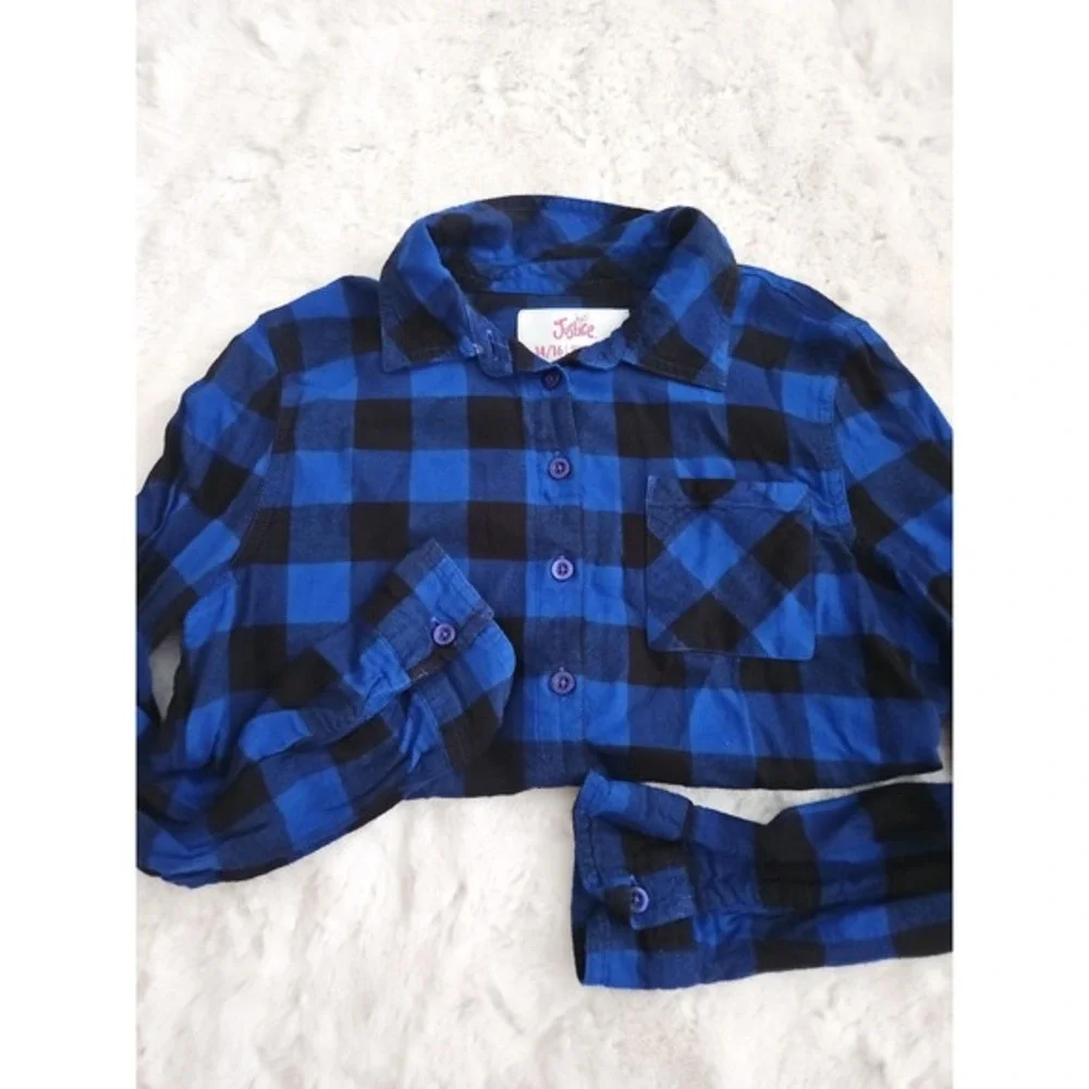 Justice‎ Girls Blue & Black Buffalo Plaid Flannel Button Down Shirt Size 14/16